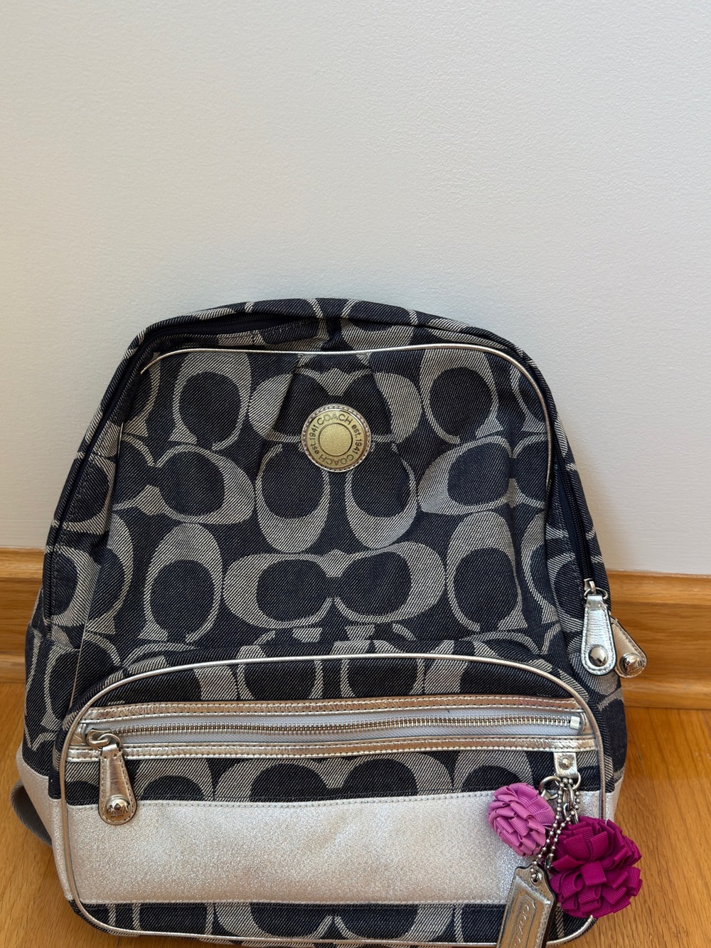 Coach Signature Backpack Book Bag Black Blue Denim Silver F19691